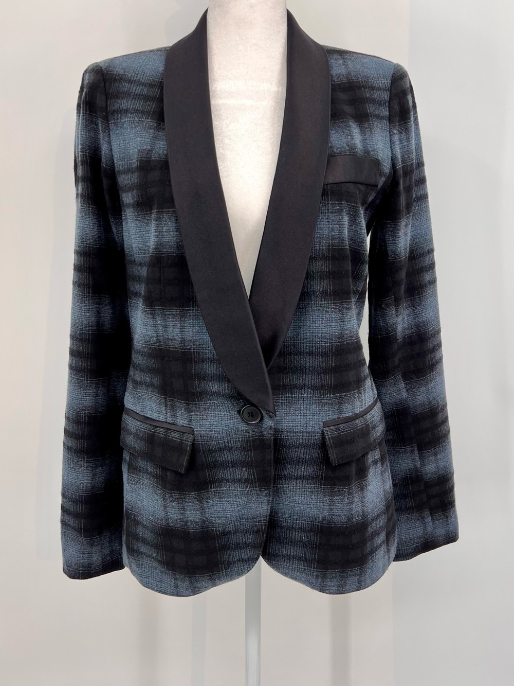 Smythe Plaid Smoking Jacket Blazer Black Blue‎ Wool Blend 6